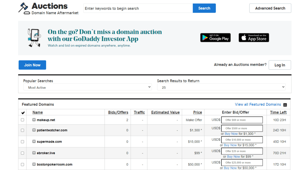 GoDaddy Domain Name Auctions