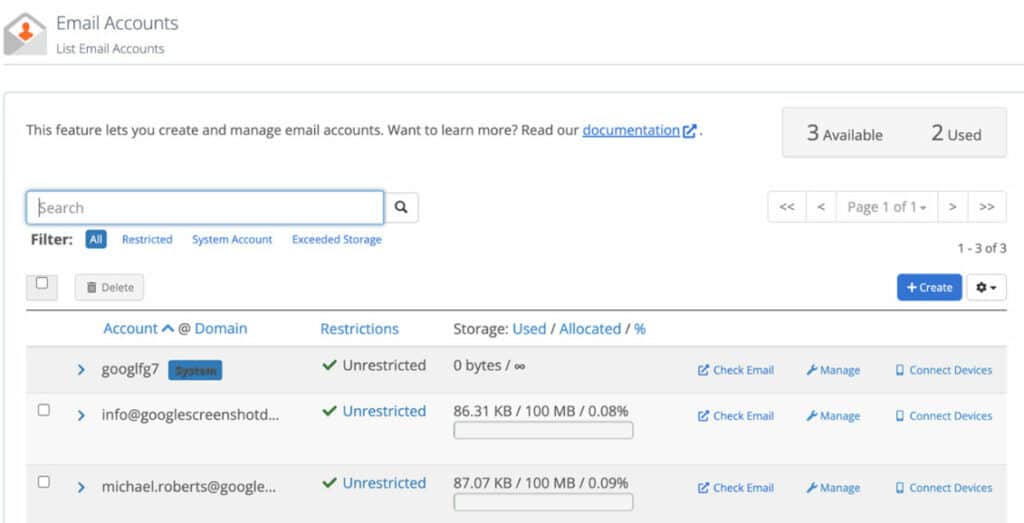 Email accounts dashboard