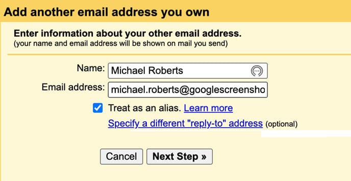 Enter information about your other Gmail email address