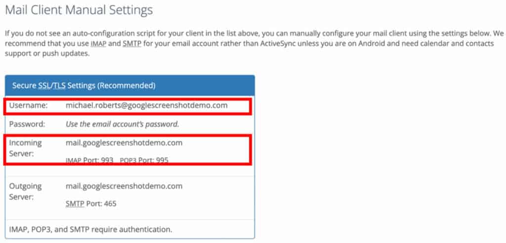 Mail client manual settings