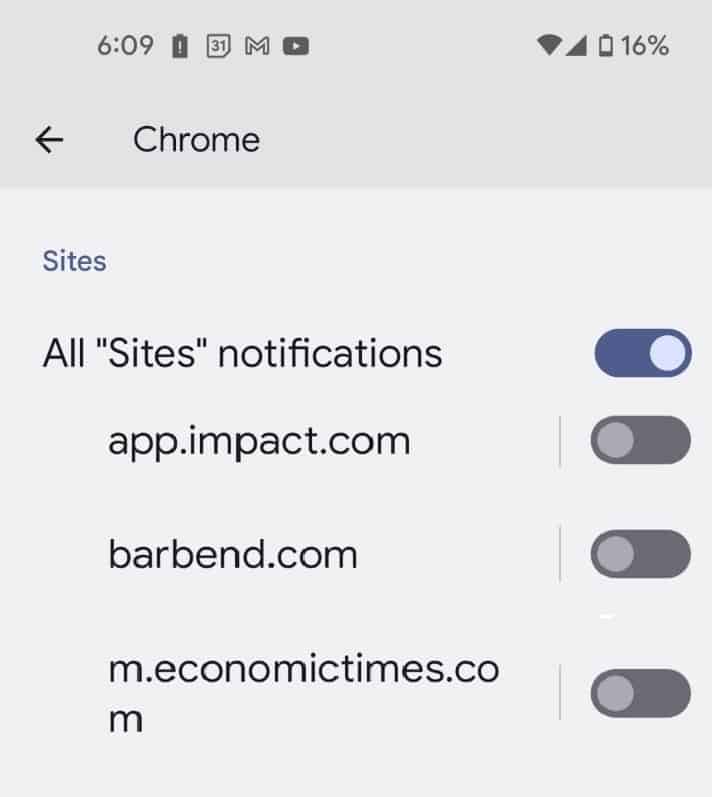 Google Chrome Mobile App Website Notification Settings