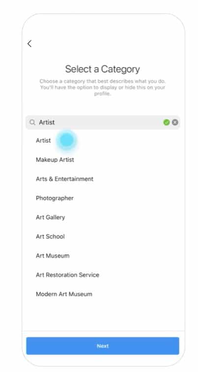 Selecting the category for an Instagram Business account