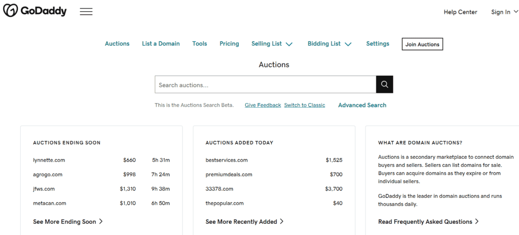 Godaddy domain auctions