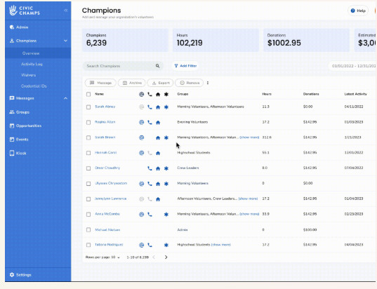 Civic Champs dashboard